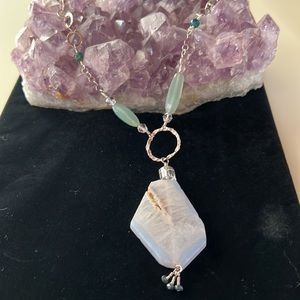 Blue Lace Agate, clear quartz, and chalcedony necklace